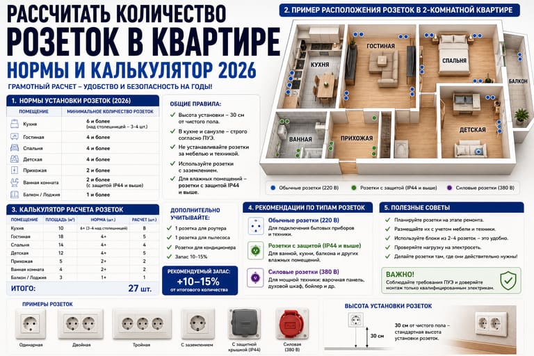 Рассчитать количество розеток в квартире, нормы и калькулятор 2026