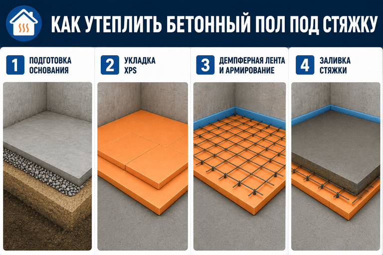 Как утеплить бетонный пол под стяжку