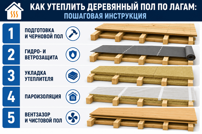 Как утеплить деревянный пол по лагам пошаговая инструкция